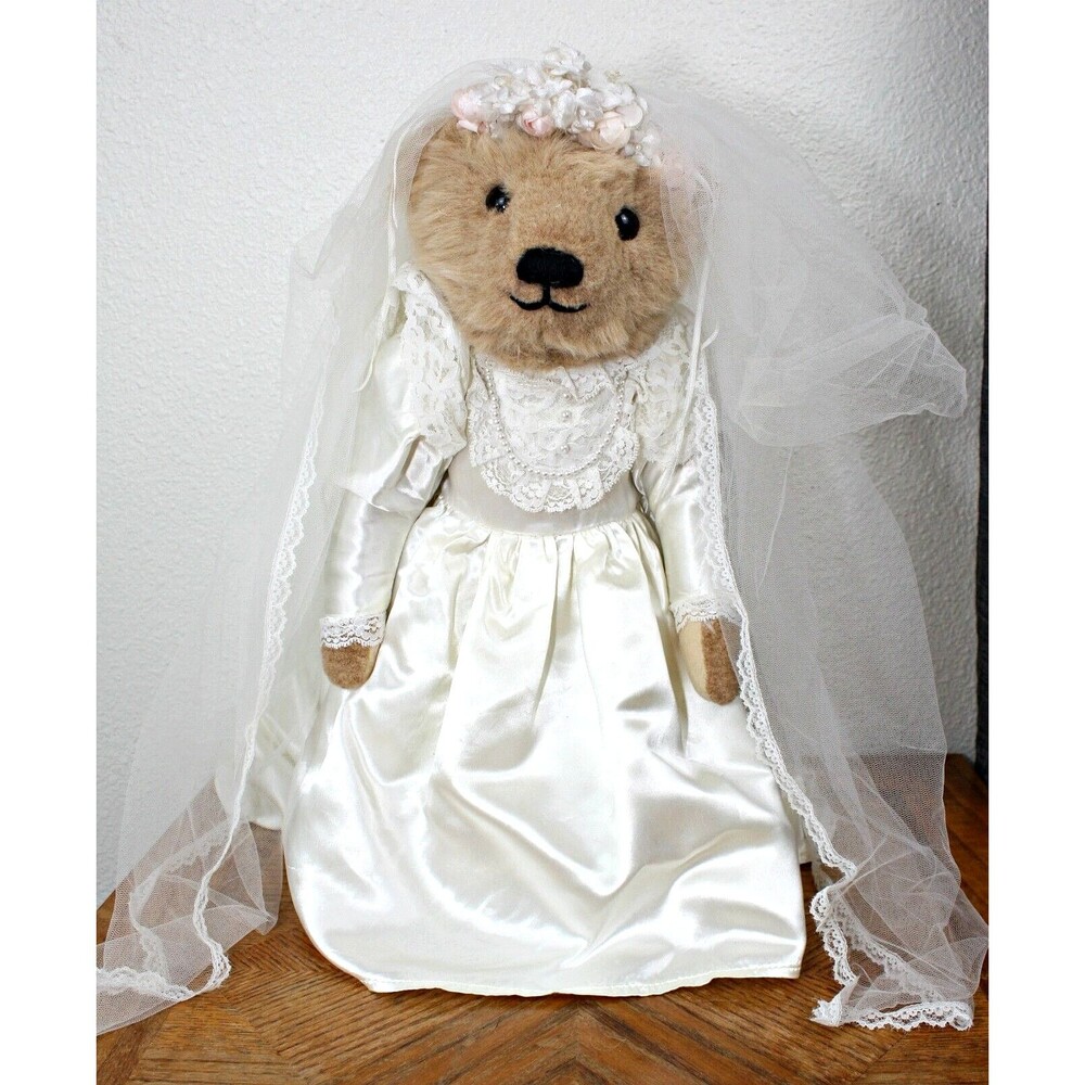 V bride teddy bear plush toy 17" beige gown veil stand estate wedding gift